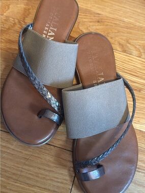 Alan K Brown Leather Slide Sandals with Taupe Elastic and Metallic Braid